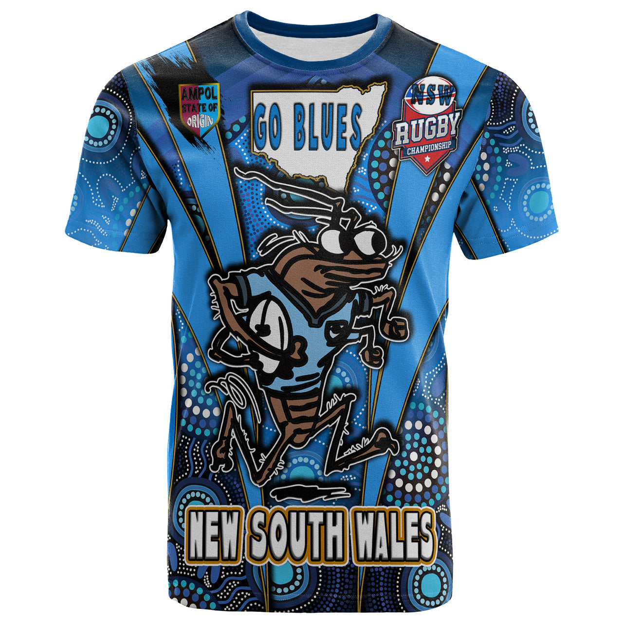 New South Wales Blues Mascot With Aboriginal Art STATE OF ORIGIN T shirt RLT12 - Vibe Hoodie Shop
