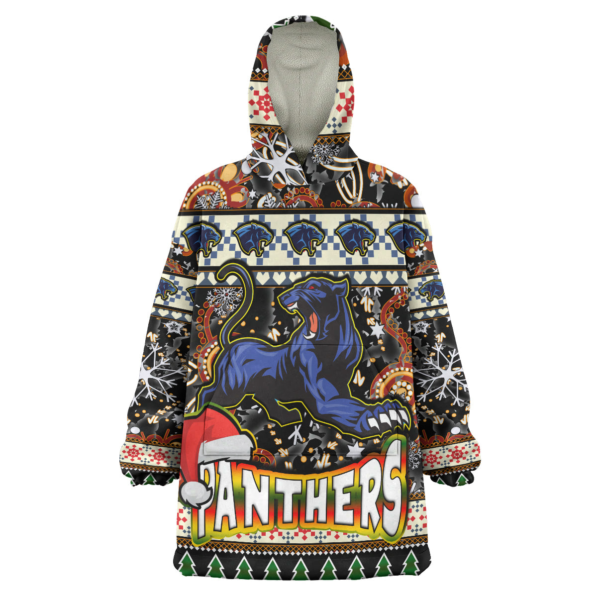 Panthers Rugby Christmas Snug Hoodie - Custom Xmas Panthers Christmas Balls, Snowflake With Aboriginal Patterns Wearable Blanket Hoodie - Vibe Hoodie Shop