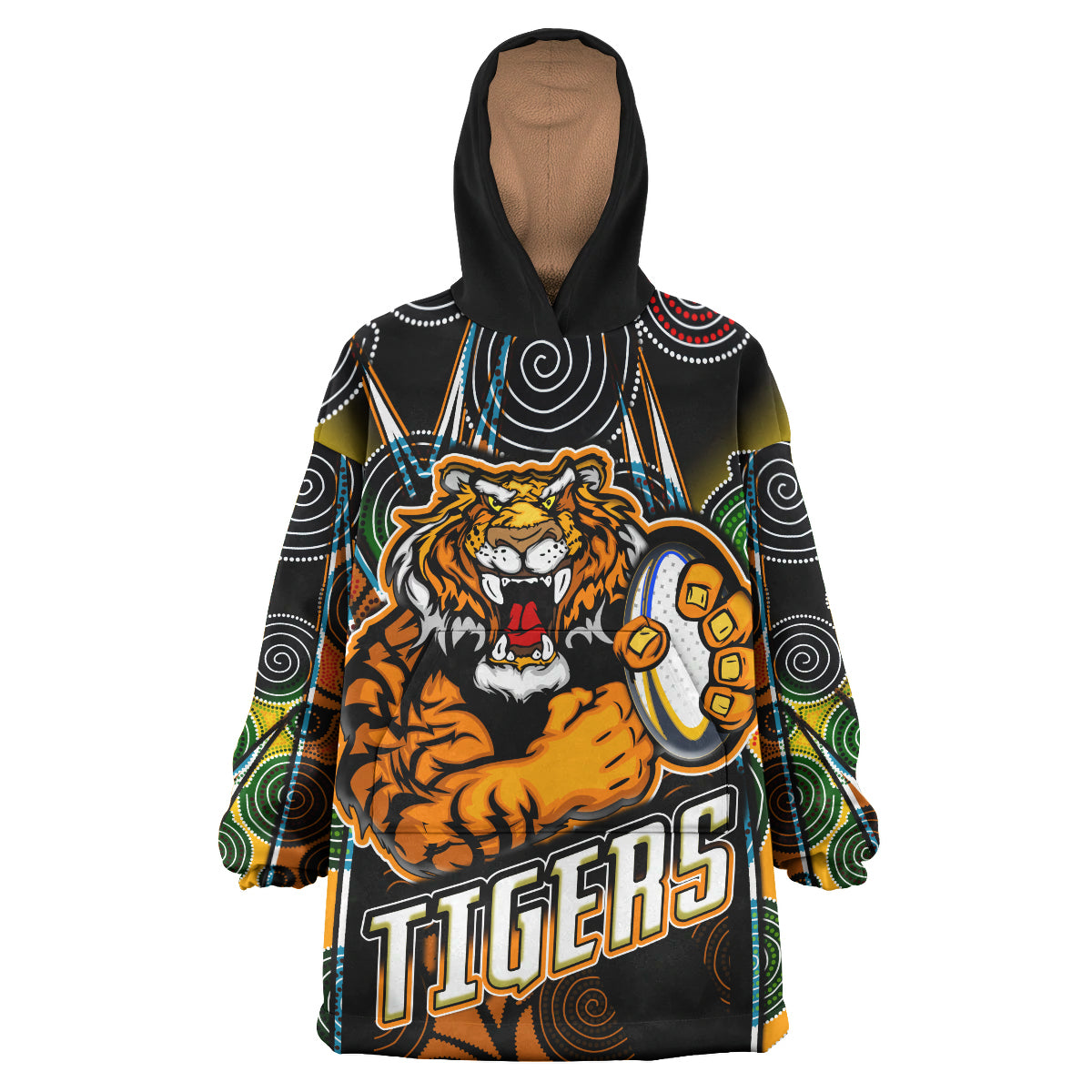 Tigers Rugby Snug Hoodie - Custom Tiger Rugby Ball Aboriginal Art Vector Painting Personalised Player And Number Wearable Blanket Hoodie RLT14 - Vibe Hoodie Shop