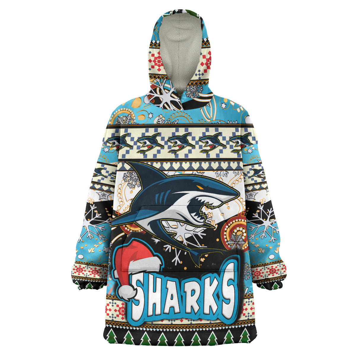 Sharks Rugby Christmas Snug Hoodie - Custom Xmas Sharks Christmas Balls, Snowflake With Aboriginal Patterns Wearable Blanket Hoodie - Vibe Hoodie Shop