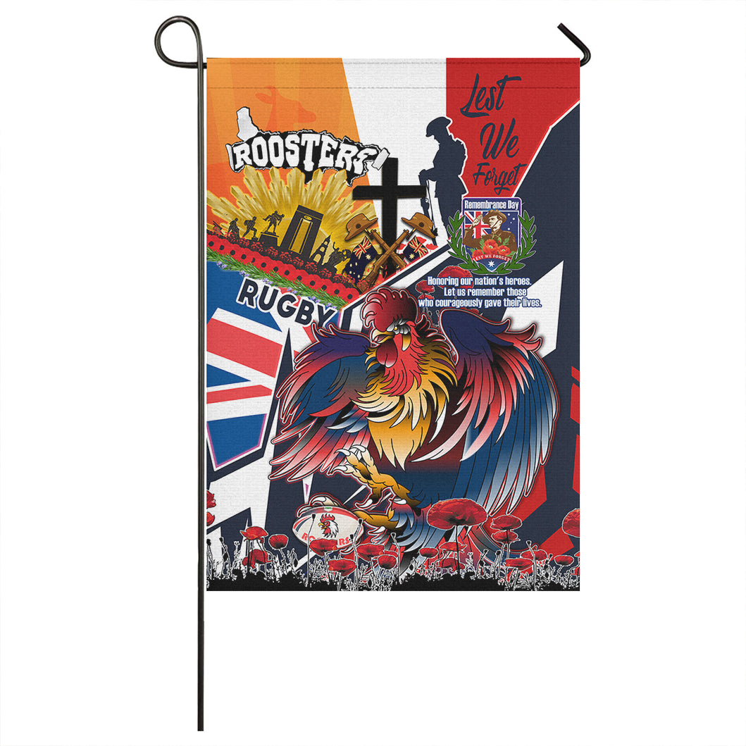 Roosters Rugby Flag - Custom Remembrance Roosters Anzac Quote With Poppy And Rosemary Flag - Vibe Hoodie Shop