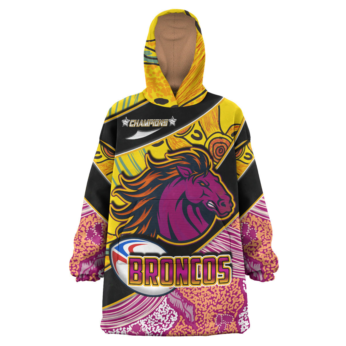 Broncos Rugby Snug Hoodie - Custom Broncos Horse Rugby with Aboriginal Dot Painting Personalised Player And Number Wearable Blanket Hoodie RLT14 - Vibe Hoodie Shop