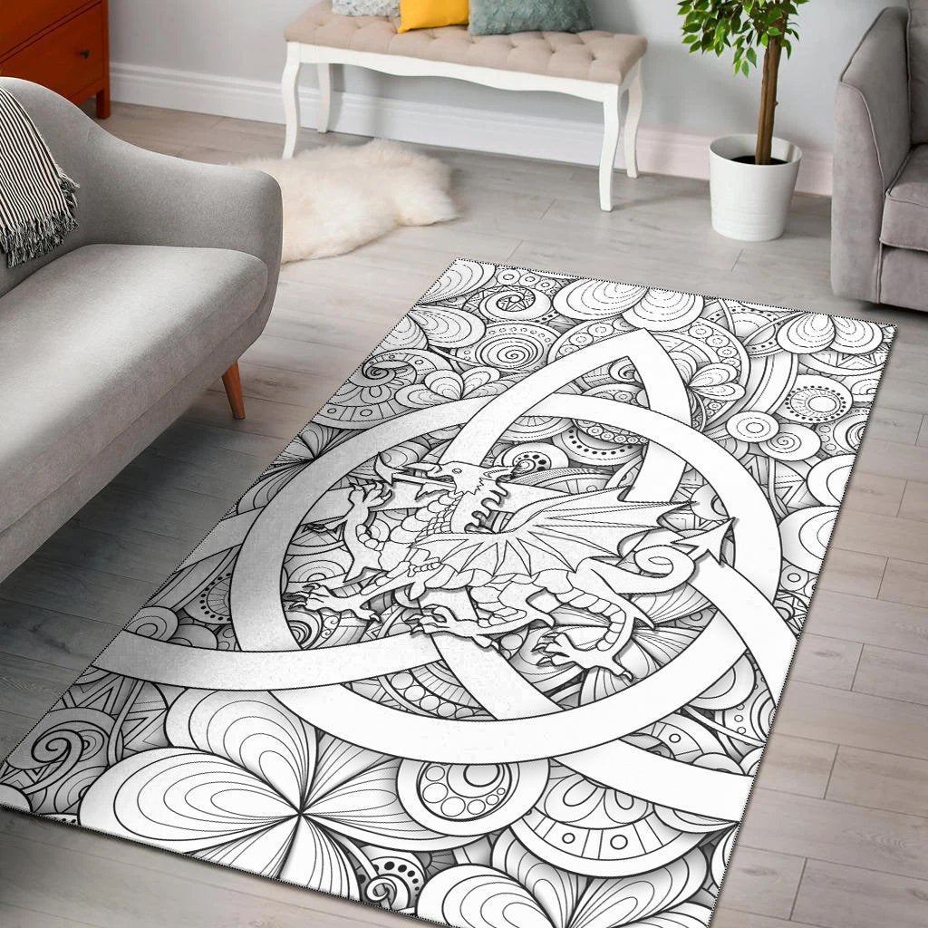 Celtic Wales Area Rug - Dragon White Wales With Triquetra Celtic Symbol - Vibe Hoodie Shop