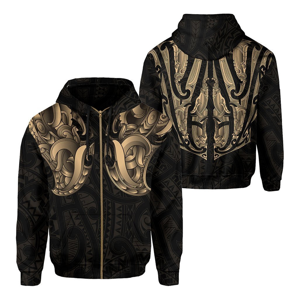 Maori Ta Moko Zip Hoodie New Zealand Gold - Vibe Hoodie Shop