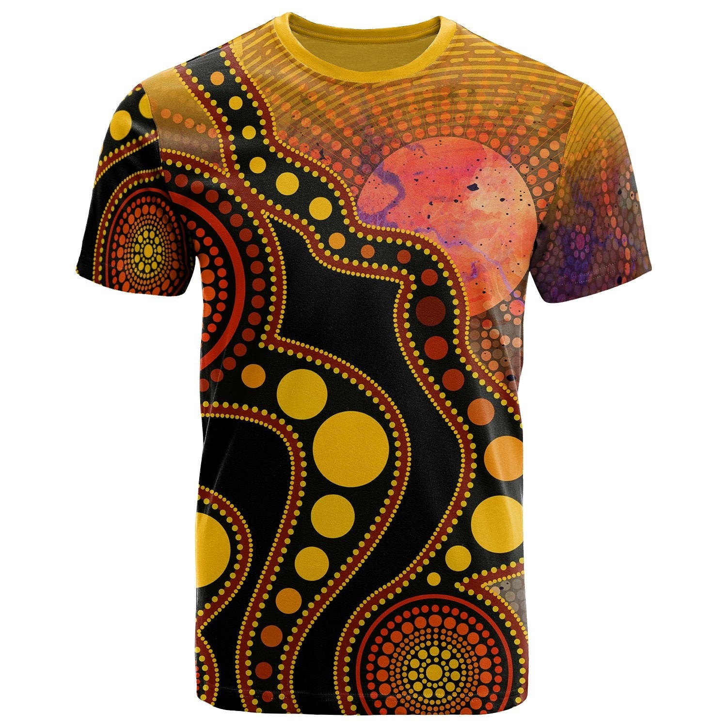 Aboriginal T shirt - Australia Indigenous Flag Circle Dot Painting Art (Golden) - Vibe Hoodie Shop