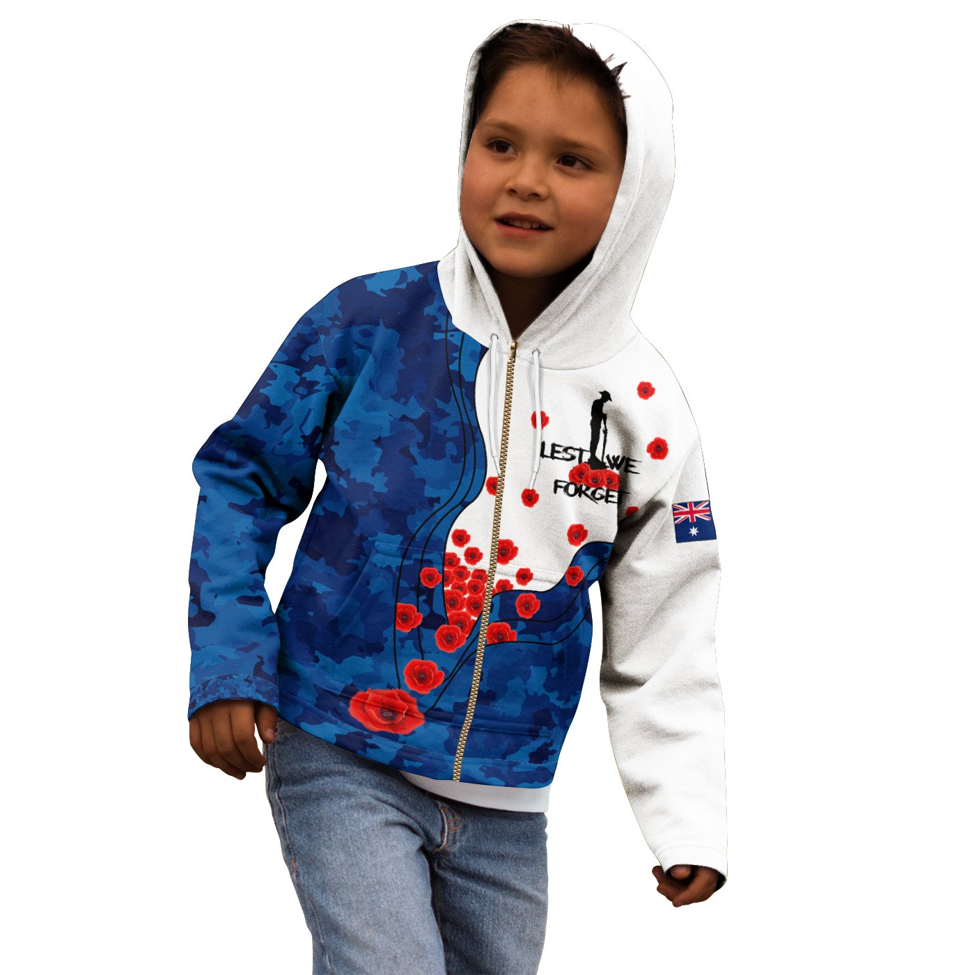 ANZAC Lest We Forget Zip - Up Hoodie Kid - Australian Flag Blue - - Vibe Hoodie Shop