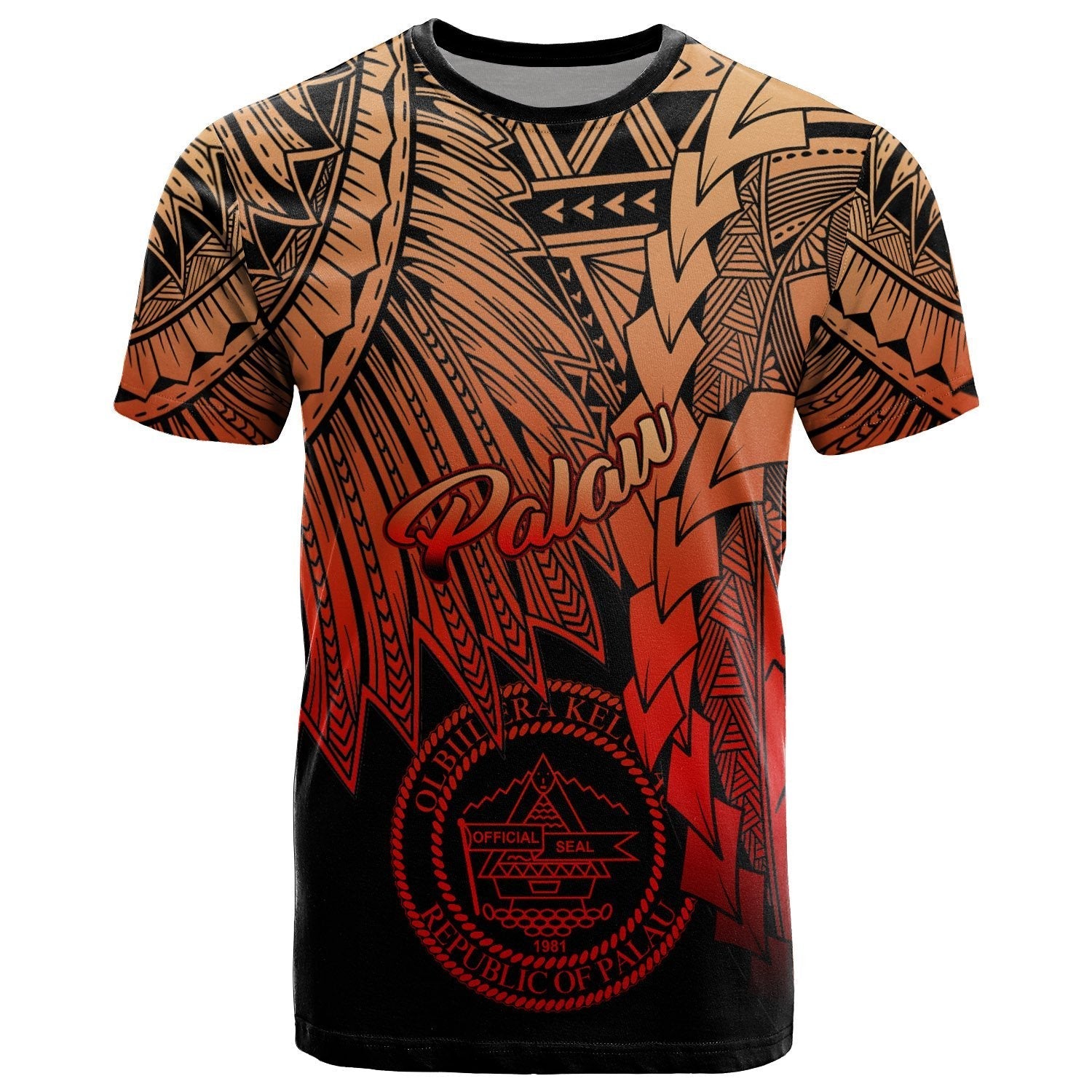 Palau Polynesian T shirt - Tribal Wave Tattoo Red Ver 2 - Vibe Hoodie Shop