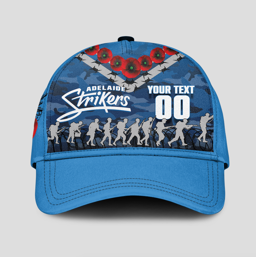 (Custom Personalised) Adelaide Strikers ANZAC 2022 Caps Camouflage With Poppy - - Vibe Hoodie Shop