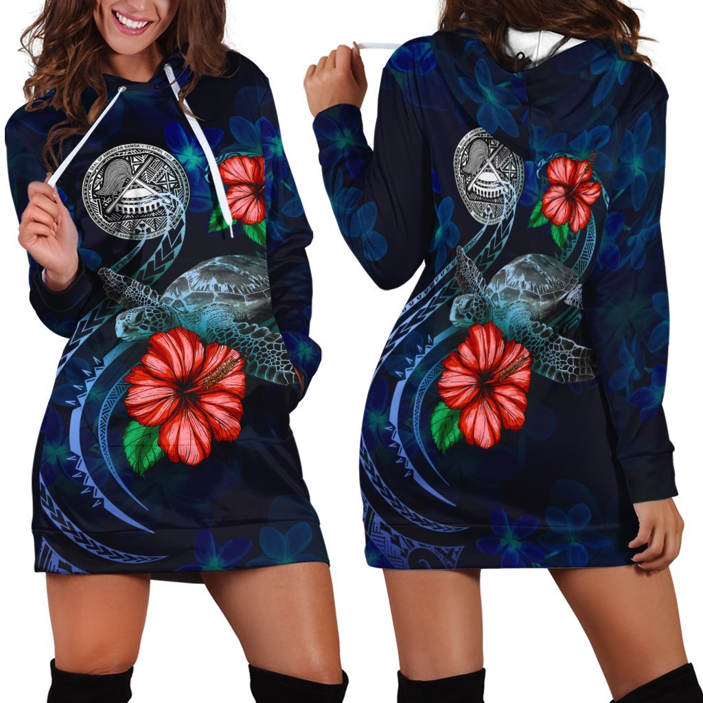 American Samoa Polynesian Hoodie Dress - Blue Turtle Hibiscus - Vibe Hoodie Shop