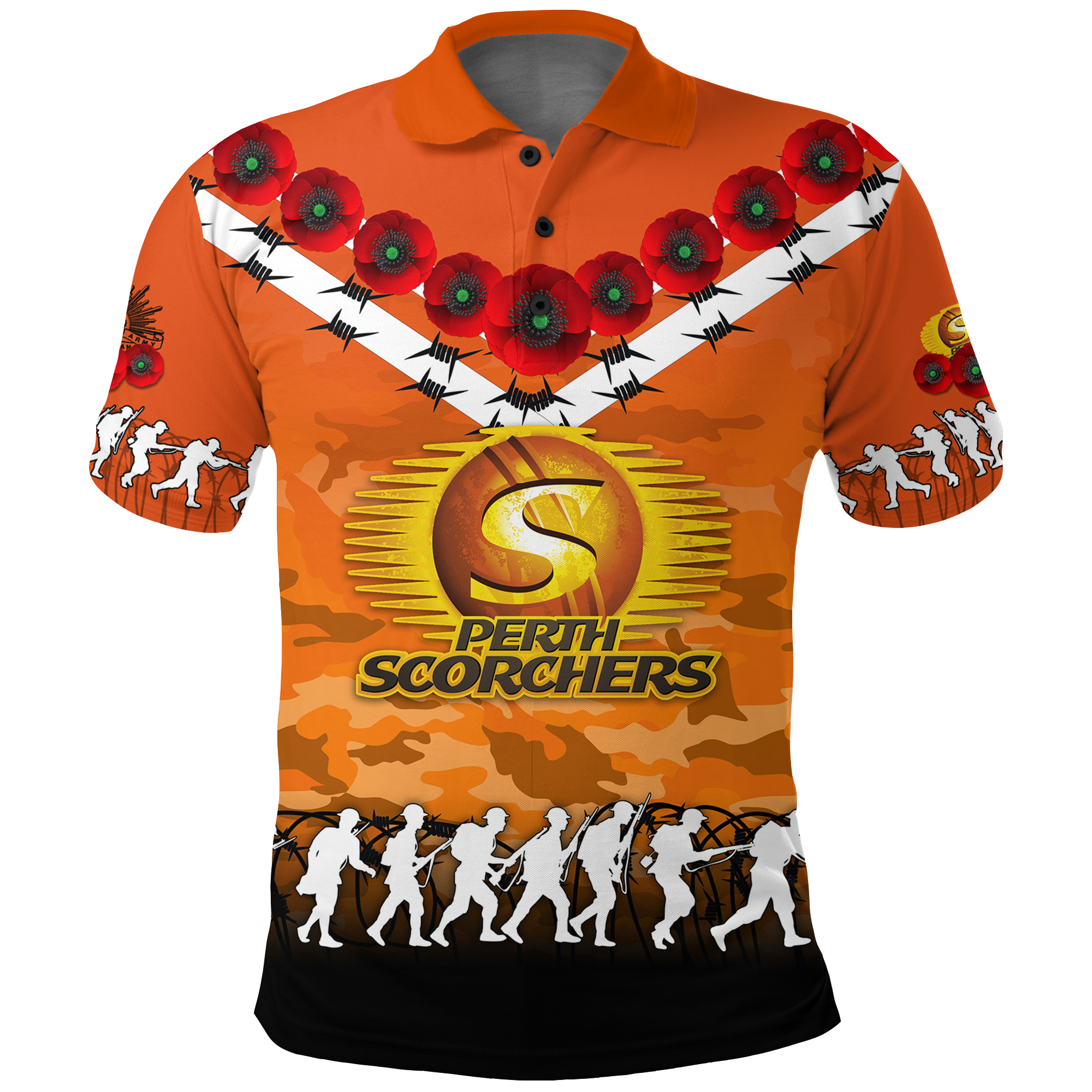 Perth Scorchers ANZAC 2022 Polo Shirt Camouflage With Poppy - - Vibe Hoodie Shop