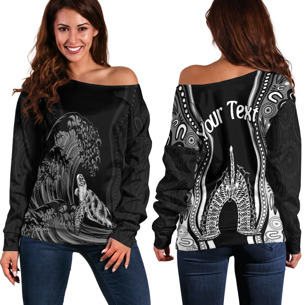 (Custom Personalised) Torres Strait Islands Off Shoulder Sweater The Dhari Mix Aboriginal Turtle Version Black - Vibe Hoodie Shop