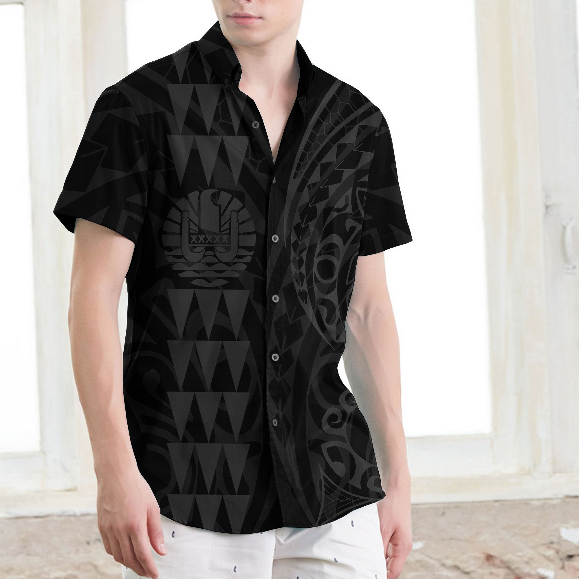 Tahiti Polynesian Short Sleeve Shirt Grey - Vibe Hoodie Shop