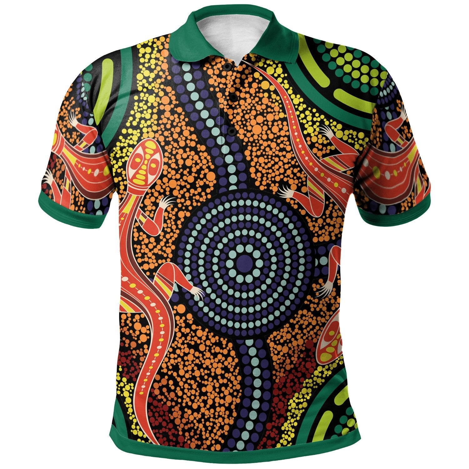 Aboriginal Polo Shirt - Aboriginal Two Lizards Dot Painting Circle - Vibe Hoodie Shop