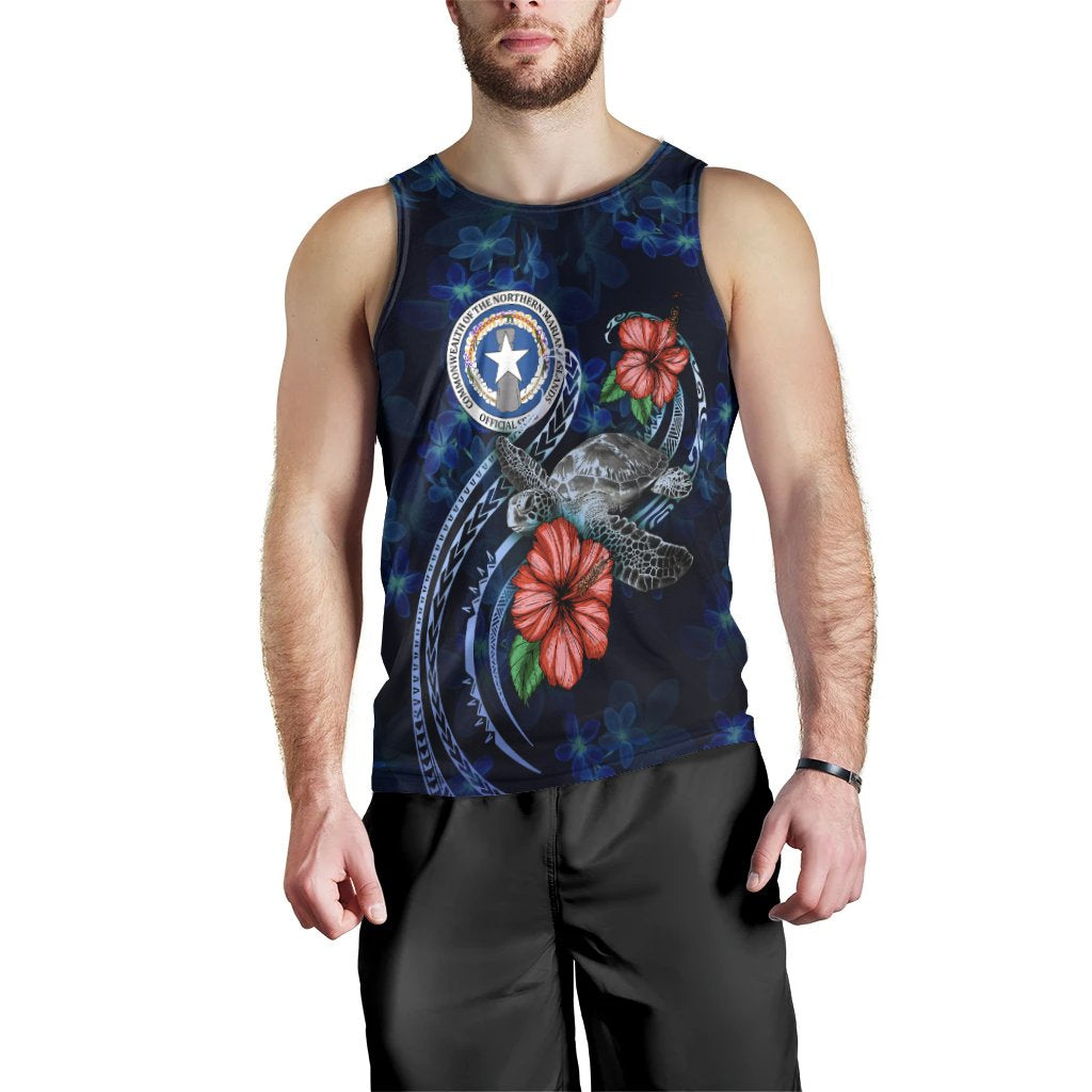 Northern Mariana Islands Polynesian Men Tank Top - Blue Turtle Hibiscus - Vibe Hoodie Shop