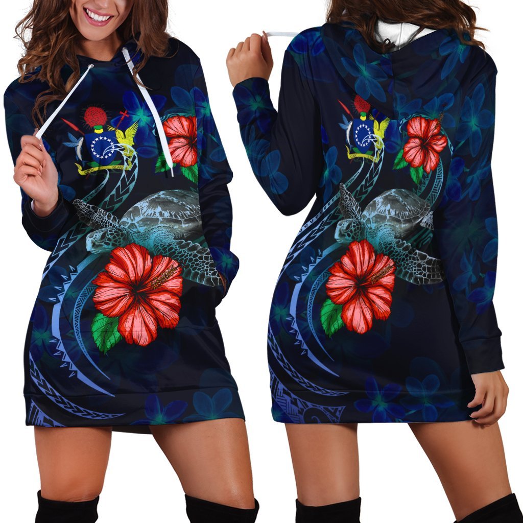 Cook Islands Polynesian Hoodie Dress - Blue Turtle Hibiscus - Vibe Hoodie Shop