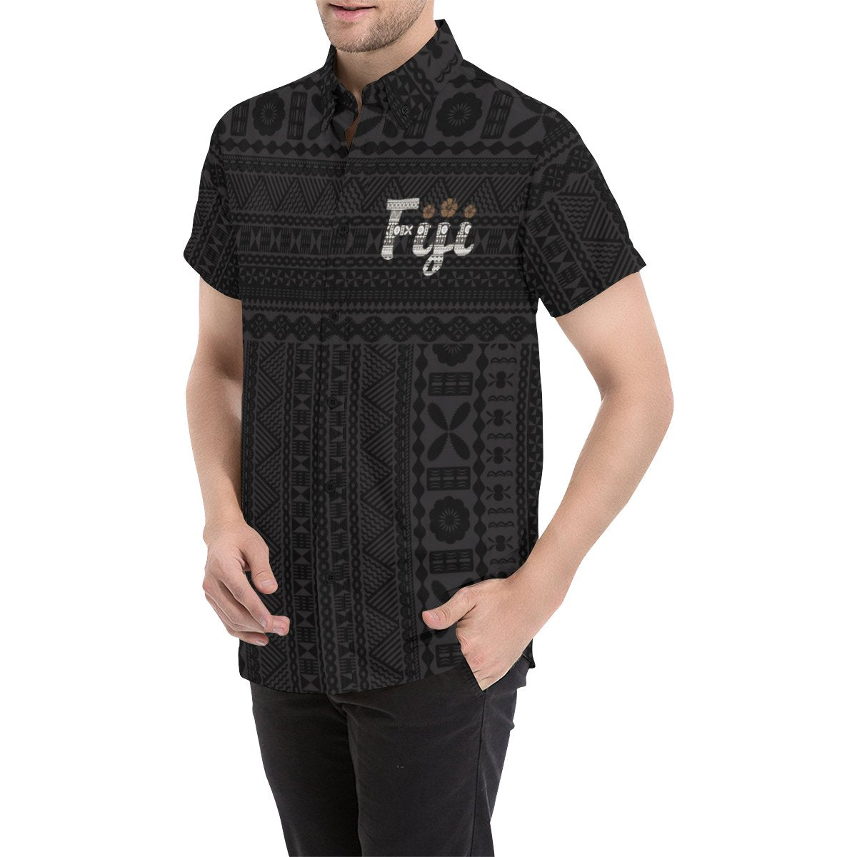 Fiji Tapa Short Sleeve Shirt Black - Vibe Hoodie Shop