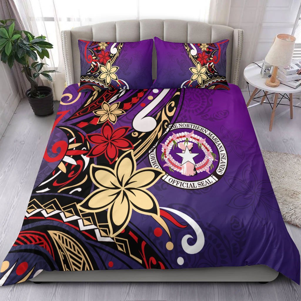 Northern Mariana Bedding Set - Tribal Flower With Special Turtles Purple Color - Vibe Hoodie Shop