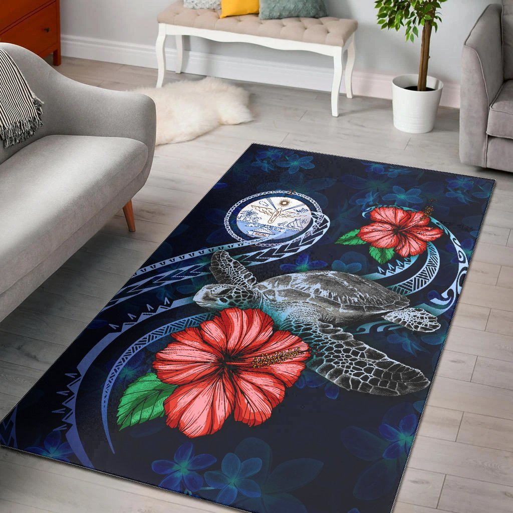 Marshall Islands Polynesian Area Rug - Blue Turtle Hibiscus - Vibe Hoodie Shop