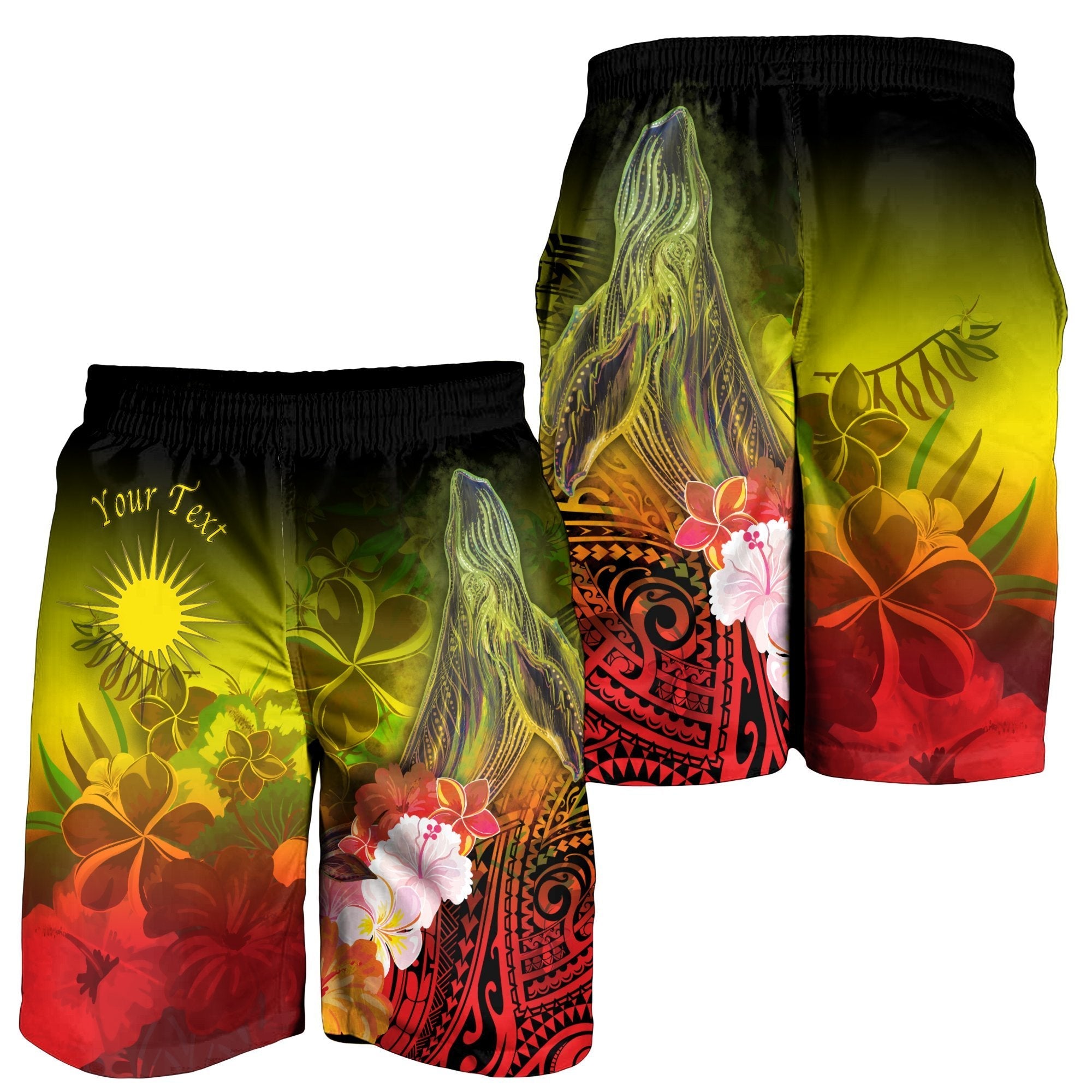 Marshall Islands Custom Personalised Men's Shorts - Humpback Whale with Tropical Flowers (Yellow) - Vibe Hoodie Shop