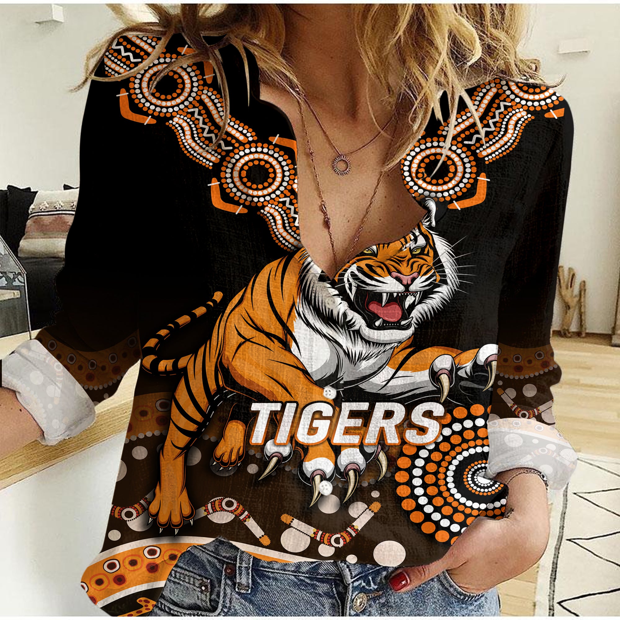 (Custom Personalised) Tigers Rugby 2022 Aboriginal Art Women Casual Shirt - - Vibe Hoodie Shop