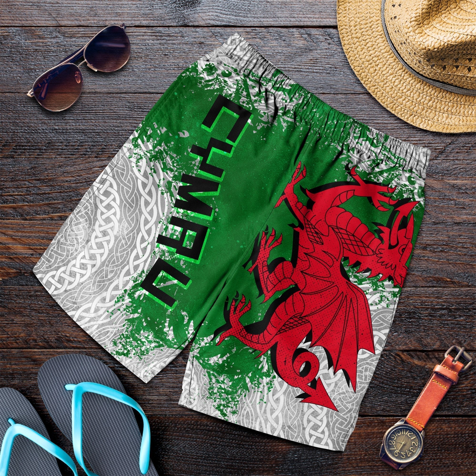 Wales Celtic Men's Shorts - Grunge Dragon - Vibe Hoodie Shop