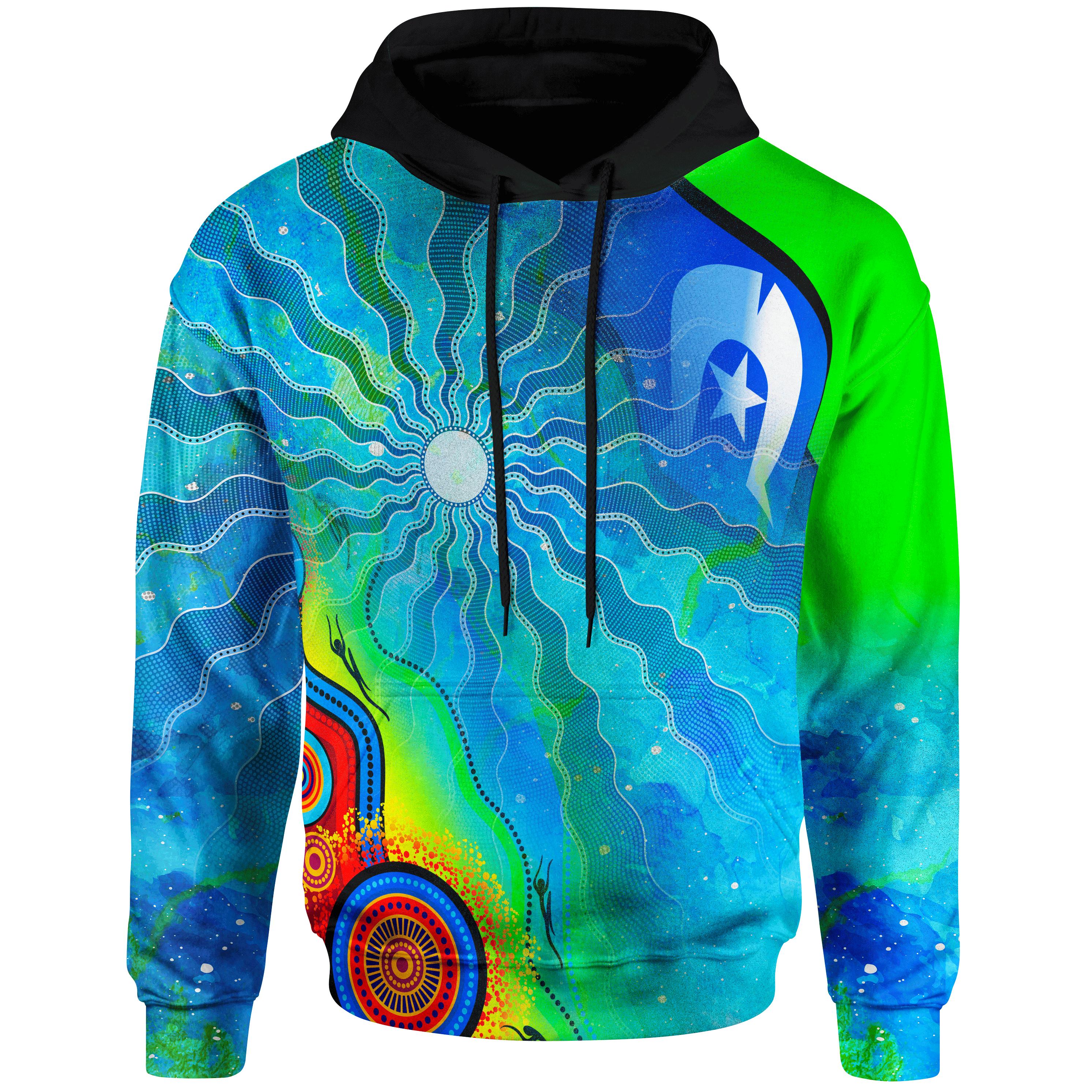 Hoodie - Torres Strait Islanders Flag with Aboriginal Patterns - Vibe Hoodie Shop