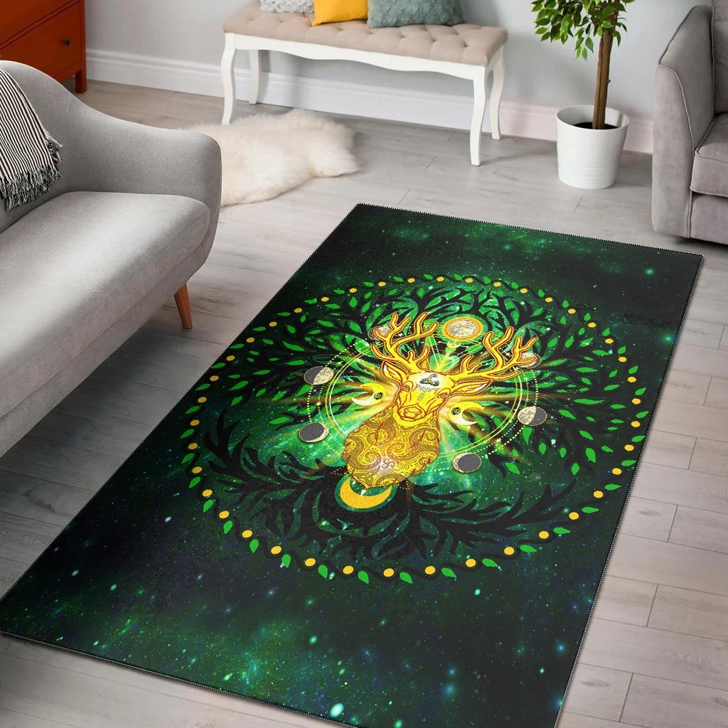 Celtic Pagan Deer Area Rug - Moon Phases Deer with Tree of Life - Vibe Hoodie Shop