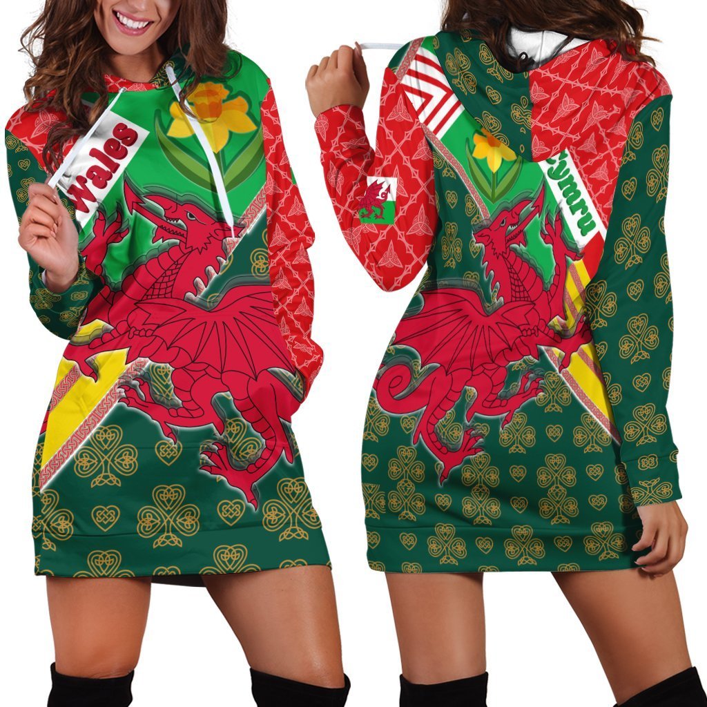 Celtic Wales Hoodie Dress - Cymru Dragon and Daffodils - Vibe Hoodie Shop