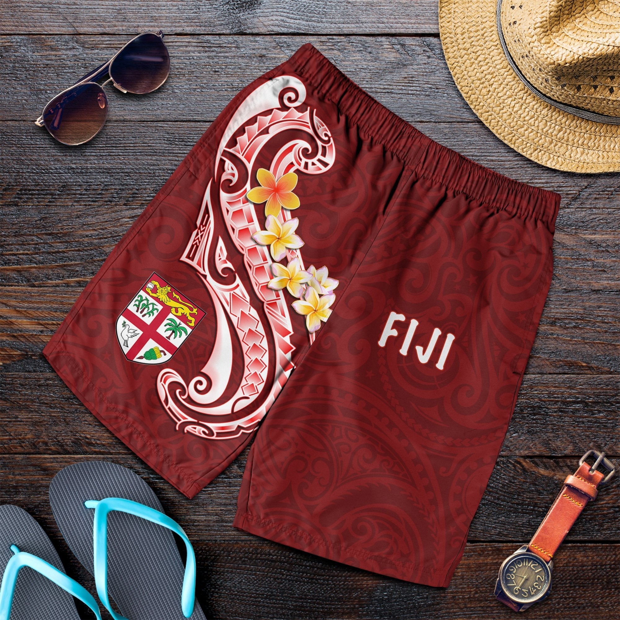 Fiji Men's Short - Fiji Seal Polynesian Patterns Plumeria (Red) - Vibe Hoodie Shop