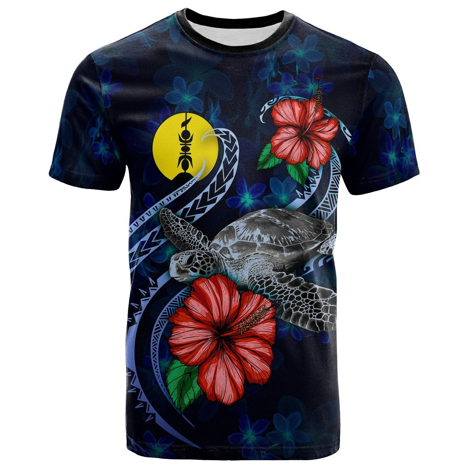 New Caledonia Polynesian T shirt - Blue Turtle Hibiscus - Vibe Hoodie Shop
