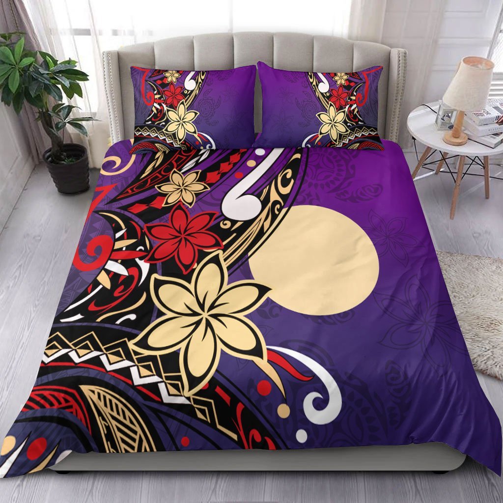Palau Polynesian Bedding Set - Tribal Flower With Special Turtles Purple Color - Vibe Hoodie Shop