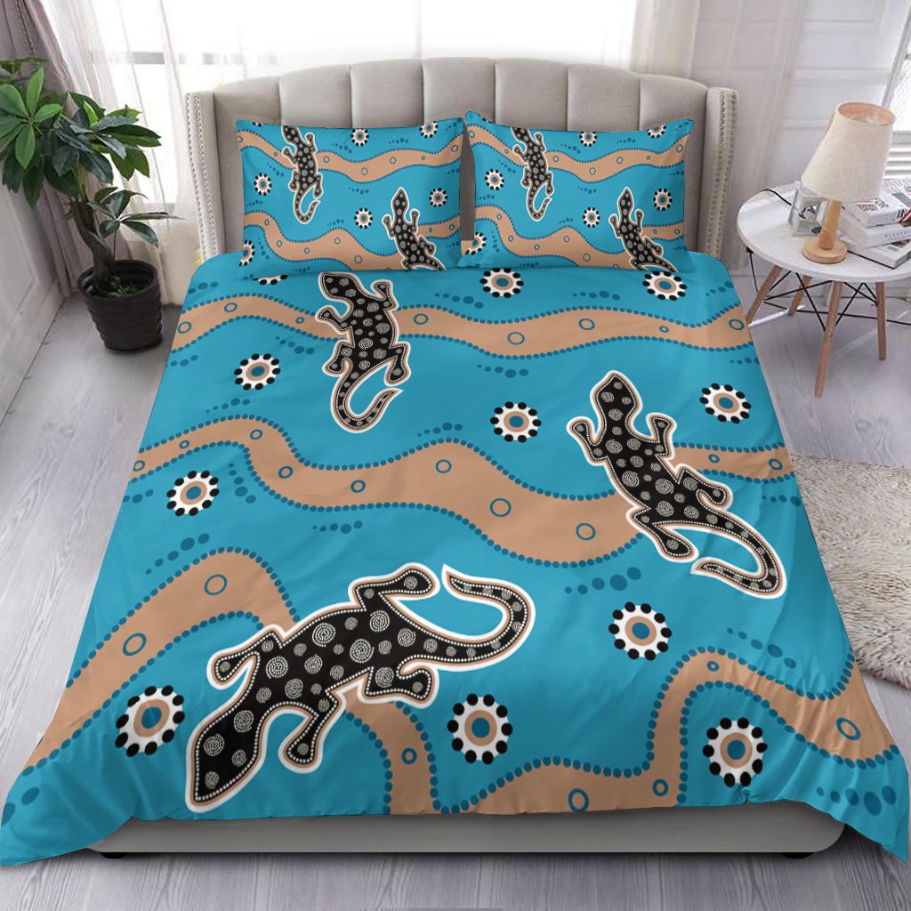 Aboriginal Bedding Set - Aboriginal Lizard in Blue Style - Vibe Hoodie Shop