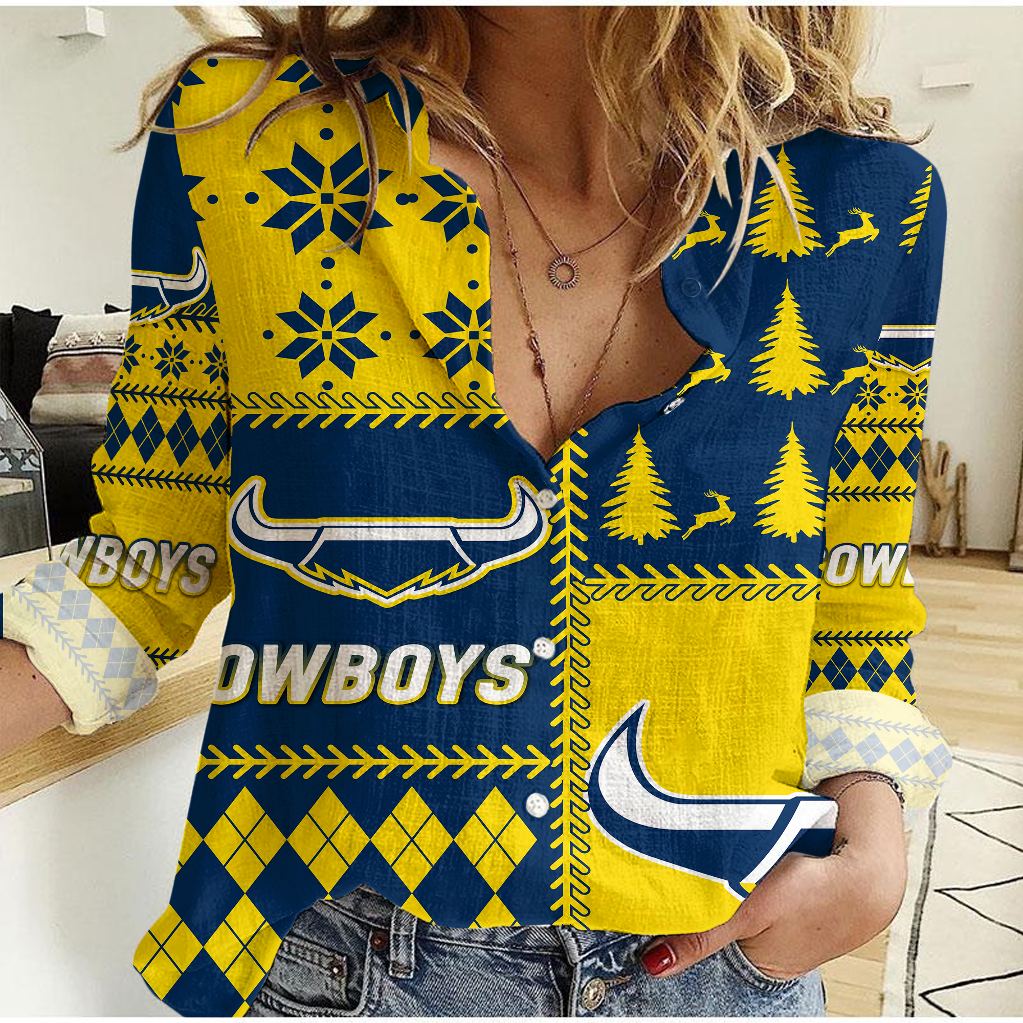(Custom Personalised) Cowboys Rugby Christmas 2022 Style Women Casual Shirt - - Vibe Hoodie Shop