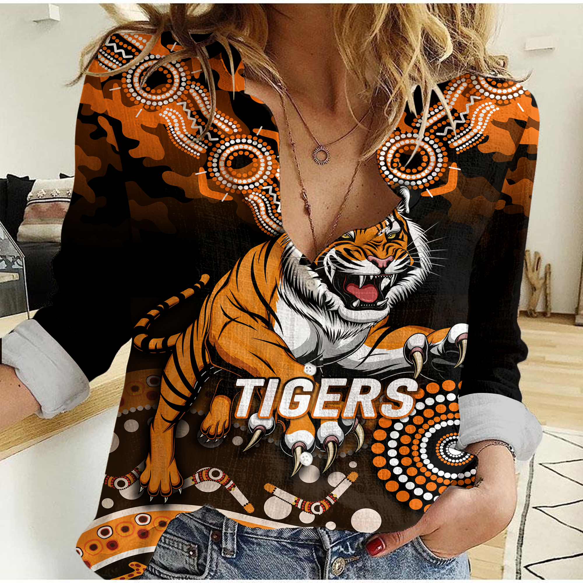 (Custom Personalised) Tigers Rugby ANZAC Day Camouflage Indigenous Art Women Casual Shirt - - Vibe Hoodie Shop