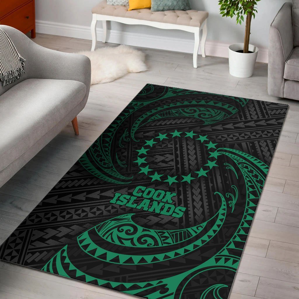 Cook Islands Polynesian Area Rug - Green Tribal Wave - Vibe Hoodie Shop