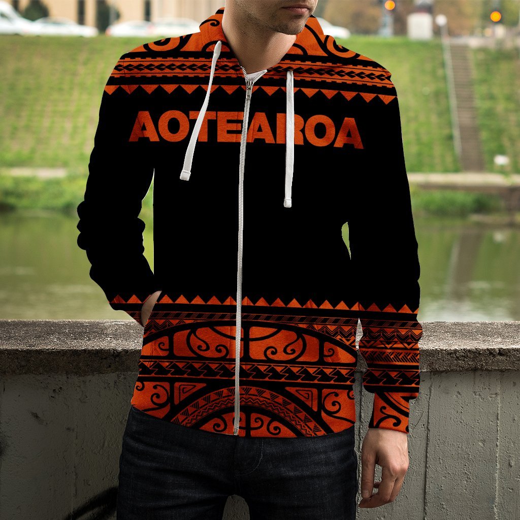 New Zealand Maori Zip Up Hoodie, Aotearoa Silver Fern Zipper Hoodie - Orange Red - Vibe Hoodie Shop