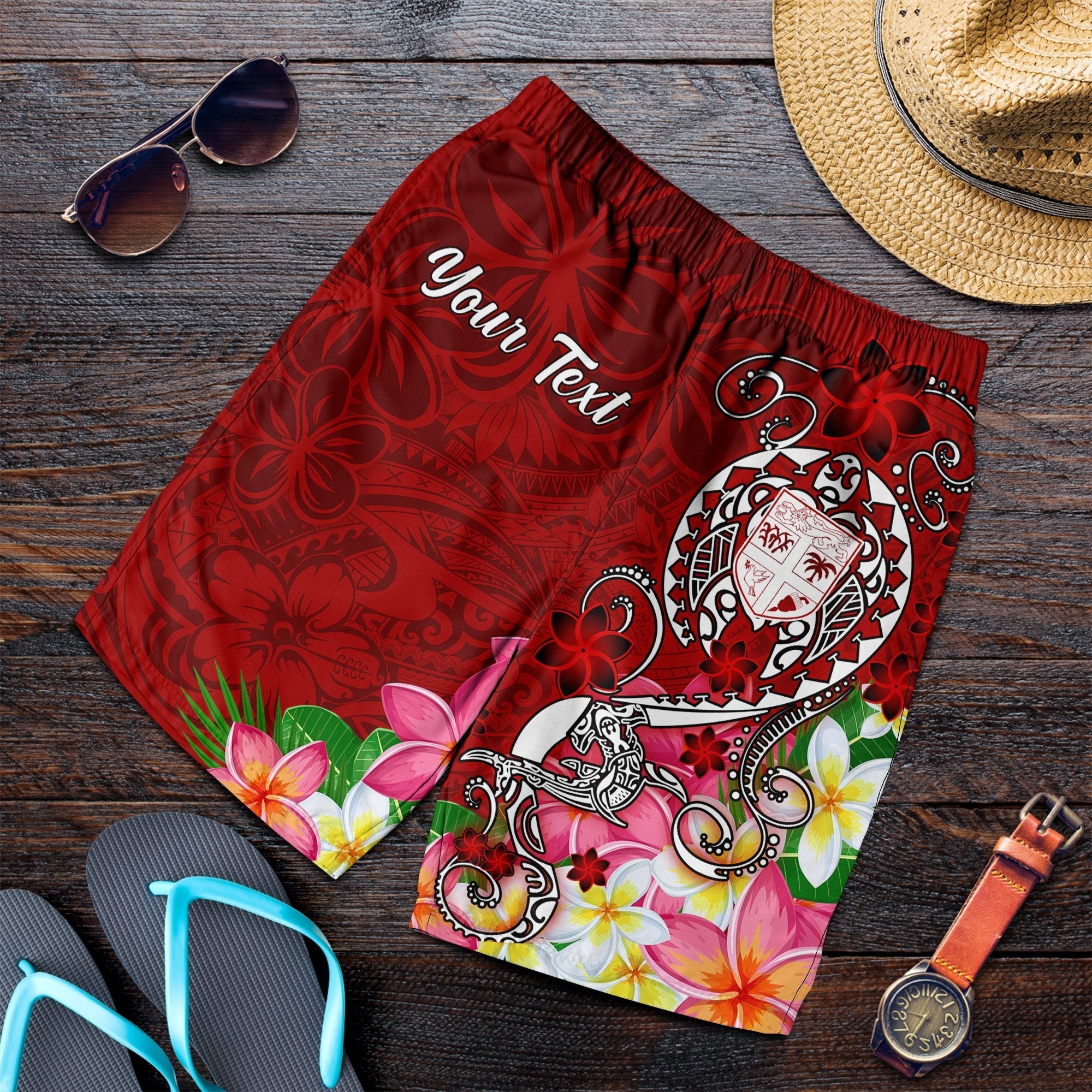 Fiji Custom Personalised Men's Shorts - Turtle Plumeria (Red) - Vibe Hoodie Shop