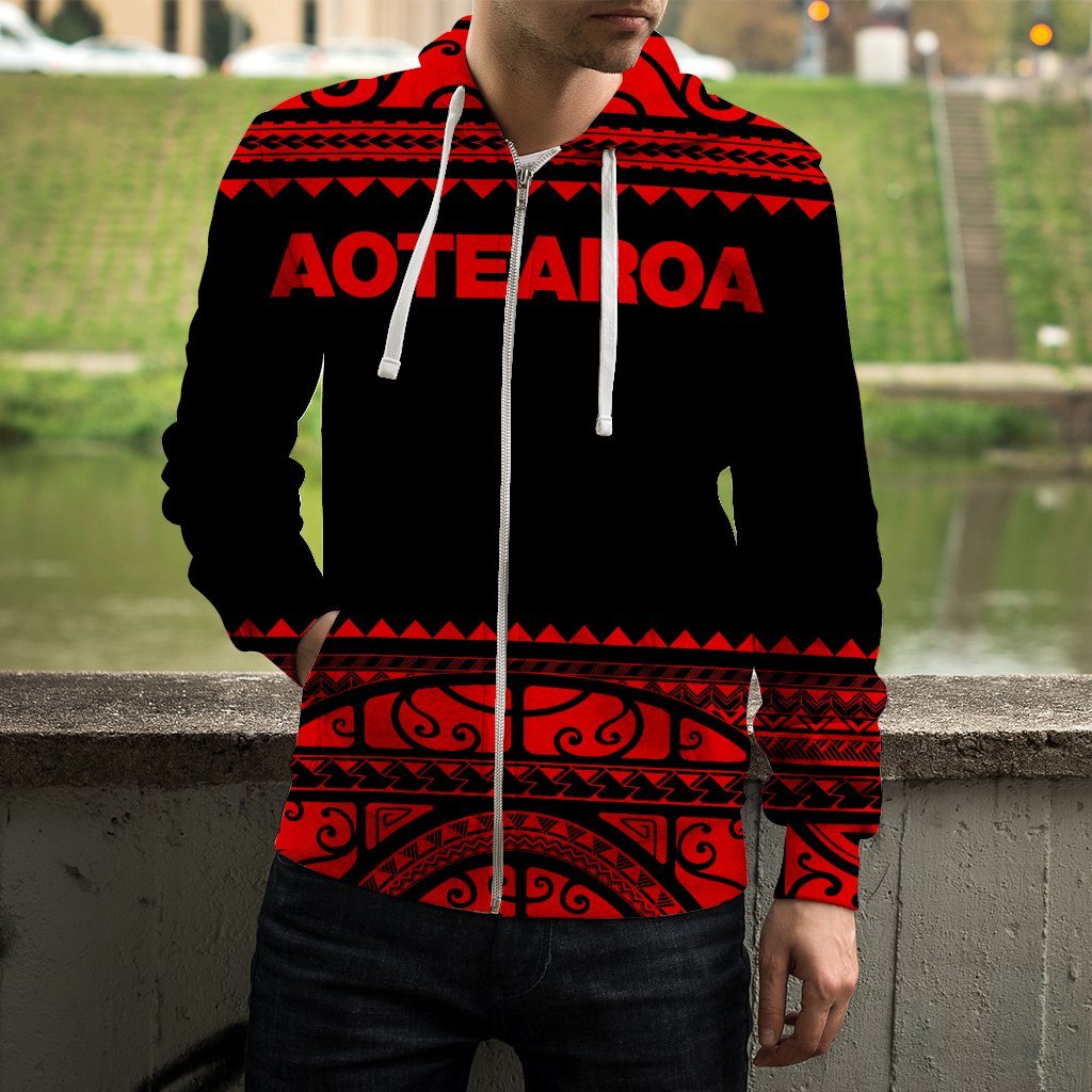 New Zealand Maori Zip Up Hoodie, Aotearoa Silver Fern Zipper Hoodie Red - Vibe Hoodie Shop