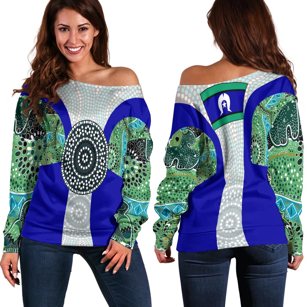 Off Shoulder Sweater - Flag of Torres Strait Islanders - Vibe Hoodie Shop