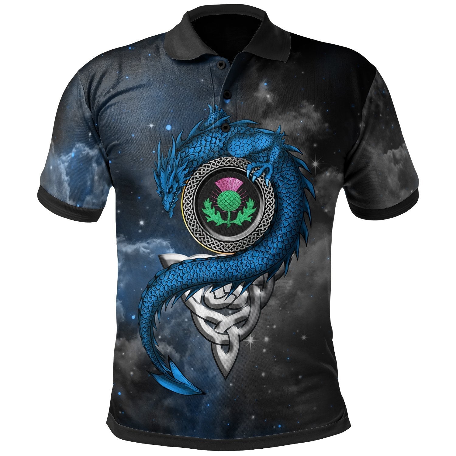 Scotland Celtic Polo Shirts - Dragon and Thistle With Celtic - Vibe Hoodie Shop