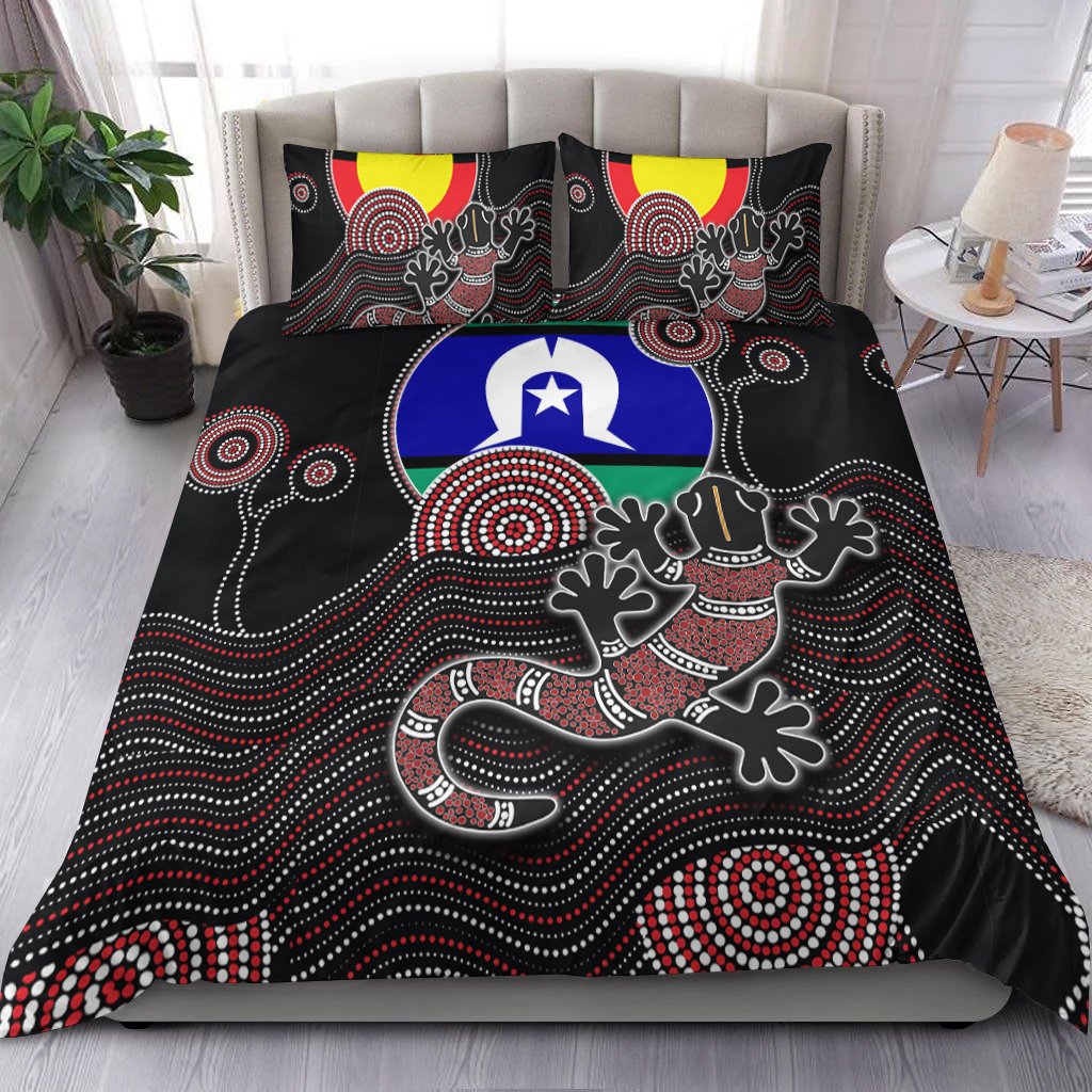 Aboriginal Bedding Set - Gecko with Torres Strait Islanders Flag - Vibe Hoodie Shop