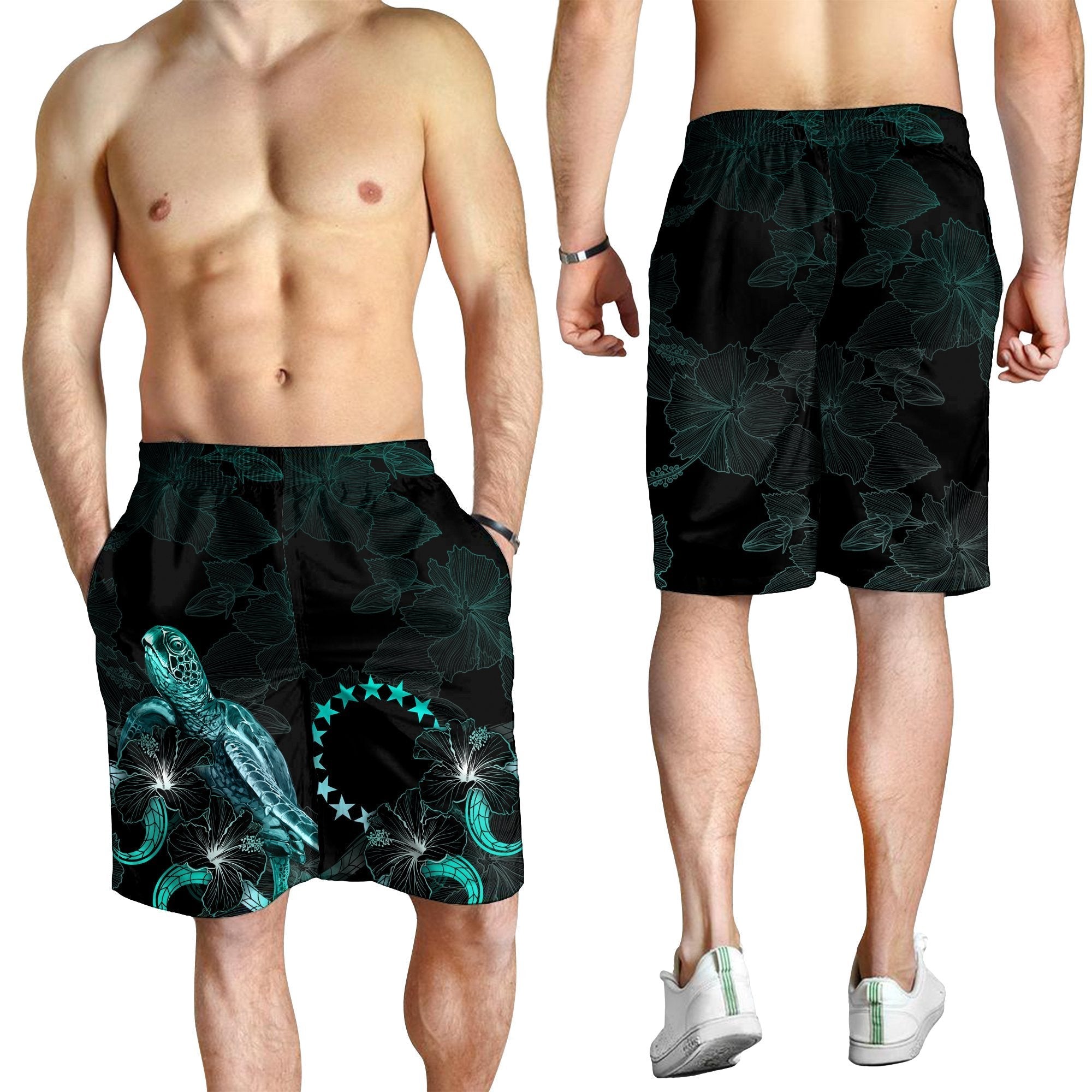 Cook Islands Polynesian Men's Shorts - Turtle With Blooming Hibiscus Turquoise - Vibe Hoodie Shop