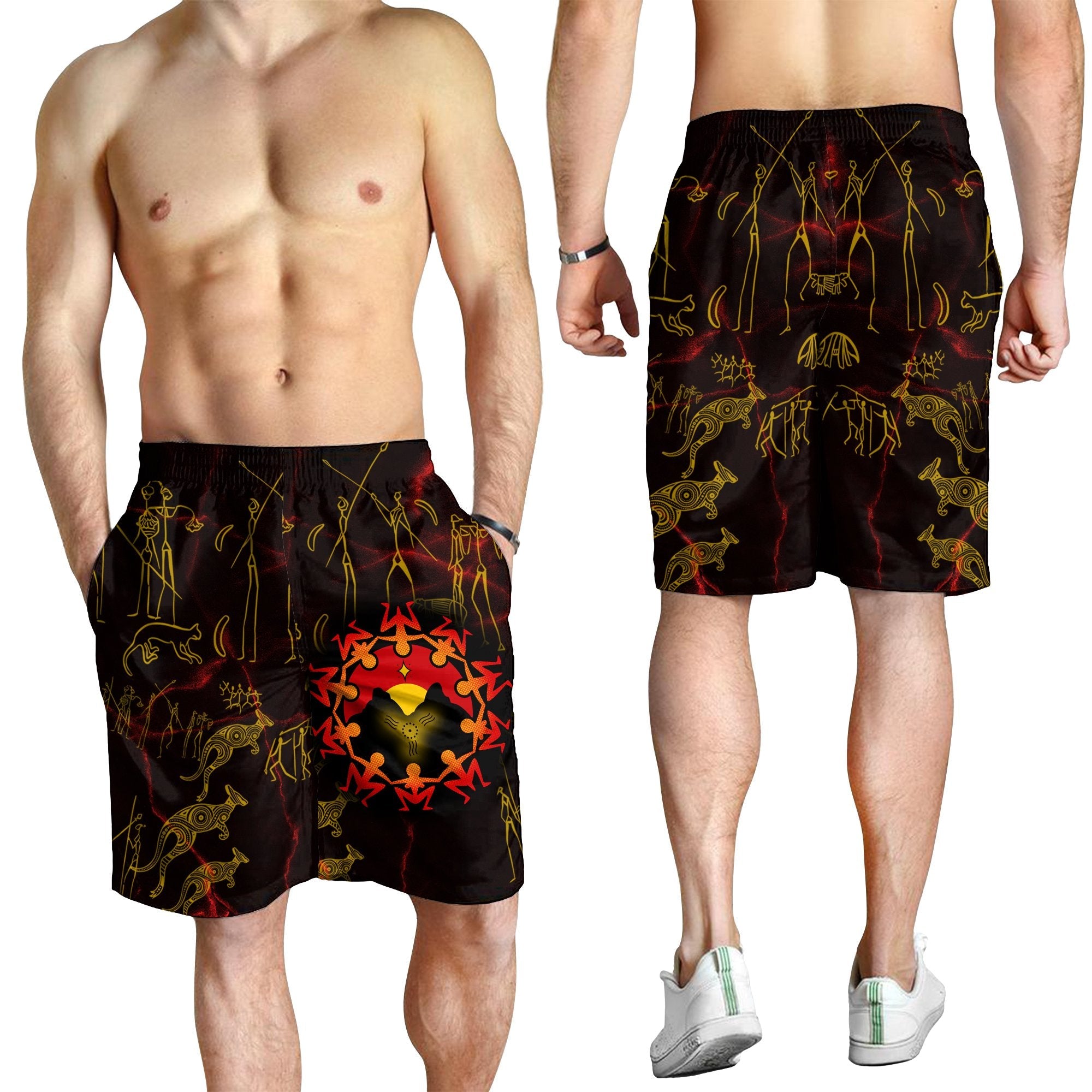 Aboriginal Men's Shorts - Australia Map and Indigenous Flag - Vibe Hoodie Shop