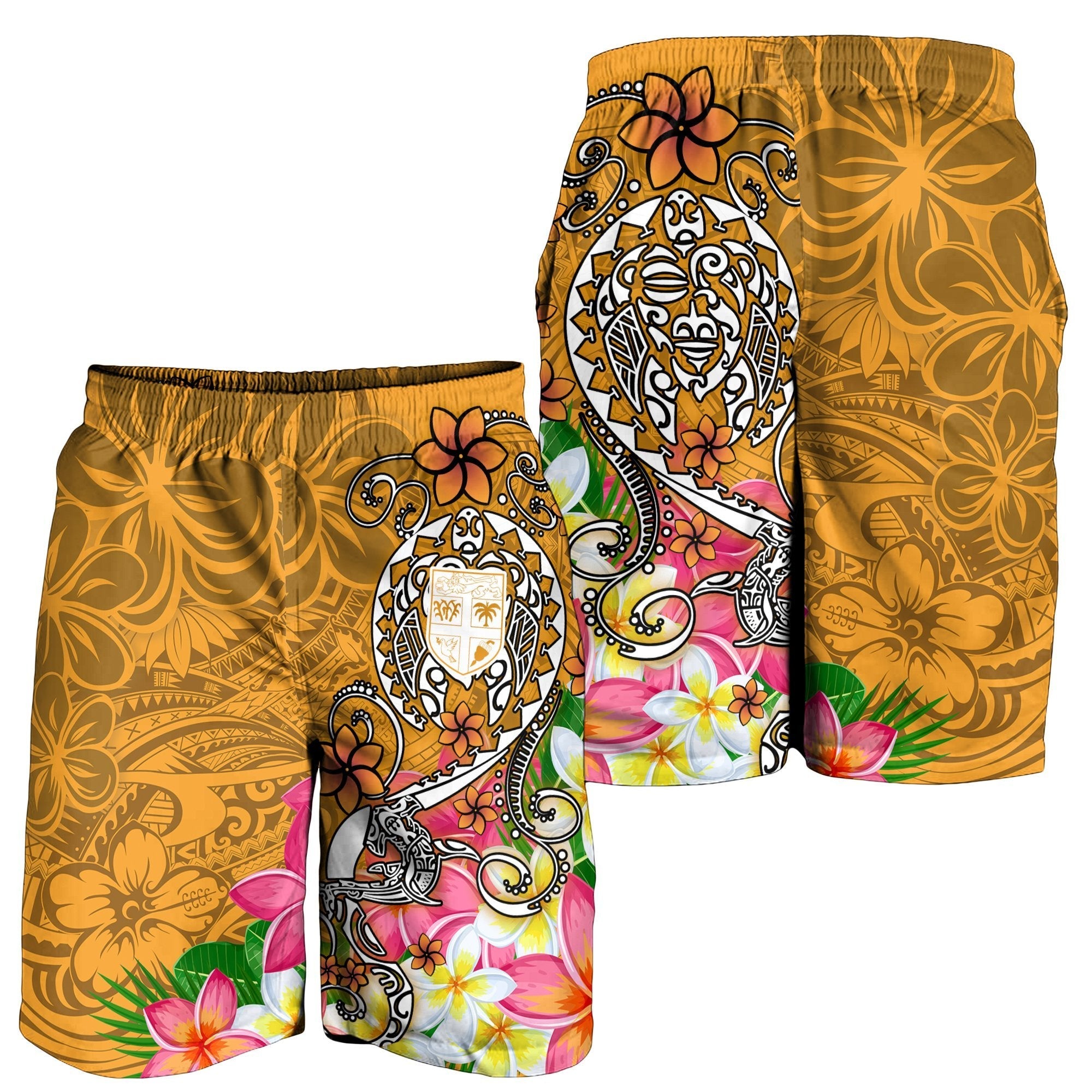 Fiji Men's Shorts - Turtle Plumeria (Gold) - Vibe Hoodie Shop