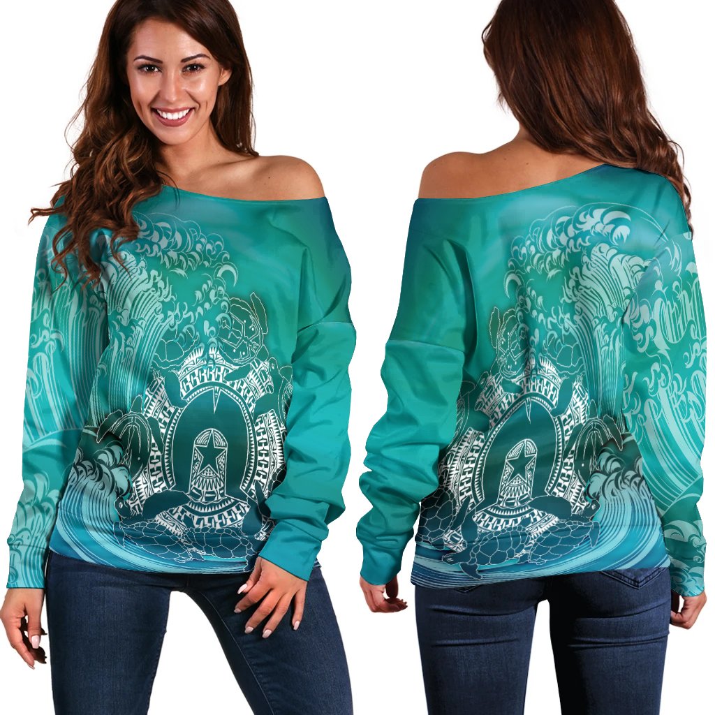 Aboriginal Women's Off Shoulder Sweater, Torres Strait Islands in Wave - Vibe Hoodie Shop