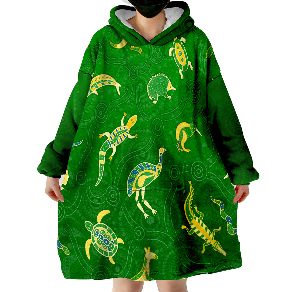 (Custom Personalised) Aboriginal Art Animals Australia Version Green Wearable Blanket Hoodie - Vibe Hoodie Shop