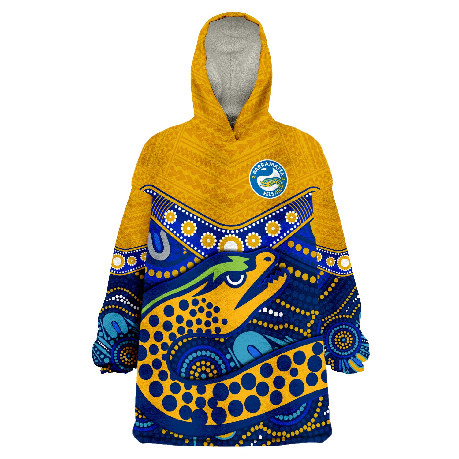(Custom Text and Number) Eels Rugby Polynesian Tapa Pattern Premiers Wearable Blanket Hoodie - Vibe Hoodie Shop