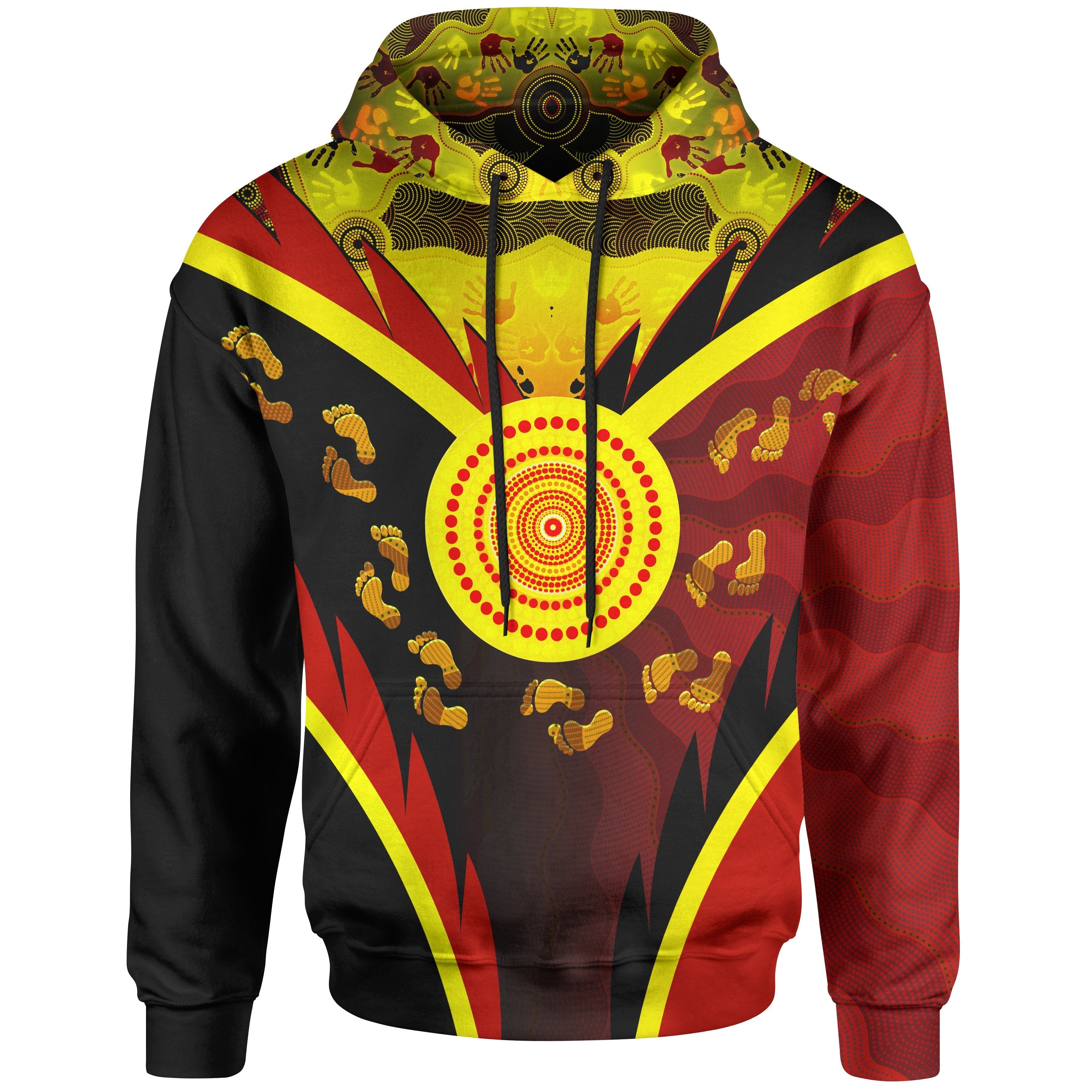 Aboriginal Hoodie - Indigenous Flag With Footprint Hand Art - Vibe Hoodie Shop