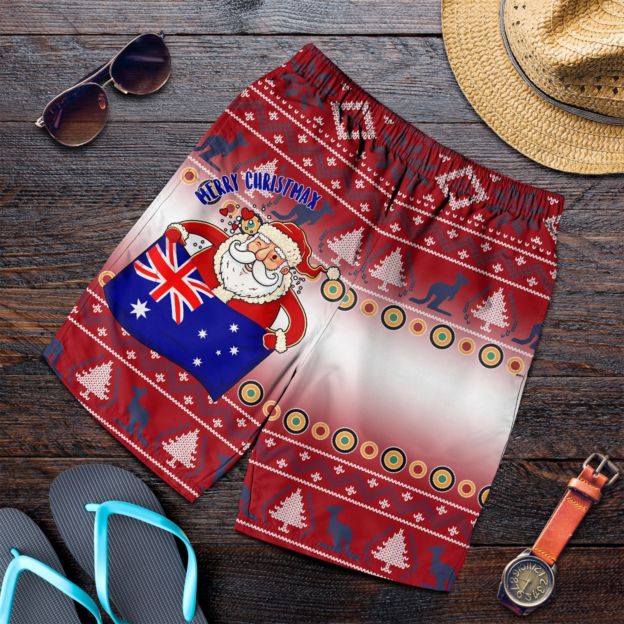 Christmas Men Short - Australia Santa Claus Hold The Flag (Red) - Vibe Hoodie Shop