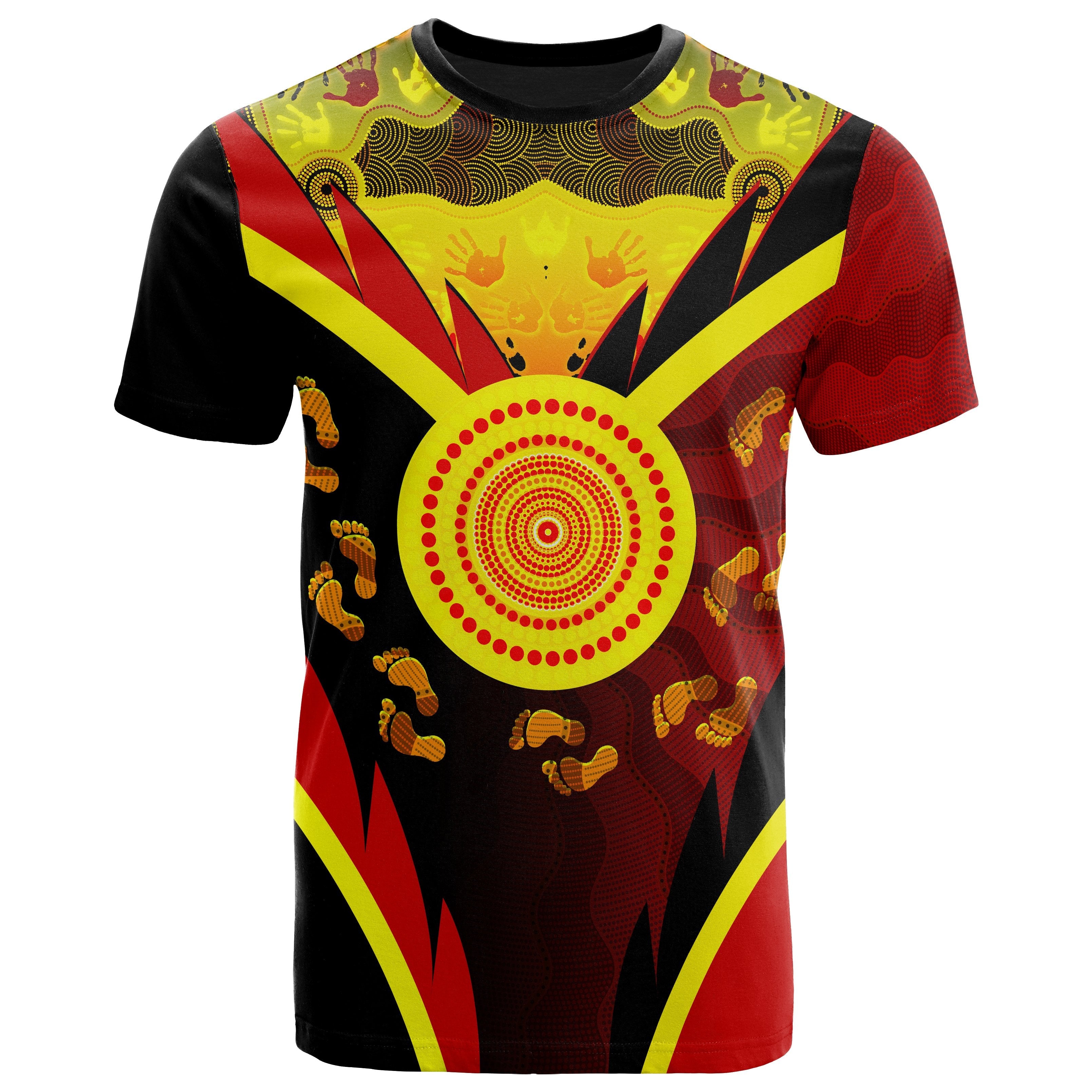 Aboriginal T shirt - Indigenous Flag With Footprint Hand Art - Vibe Hoodie Shop